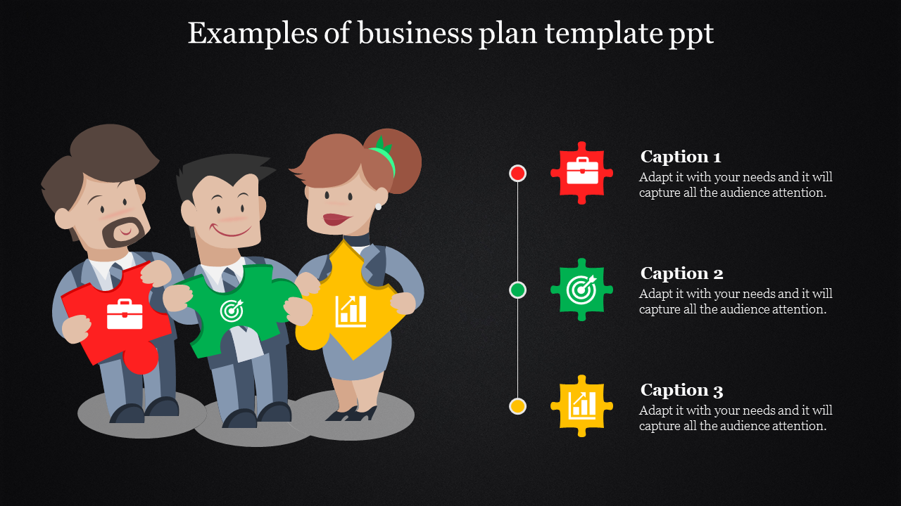Business-themed graphic featuring three individuals holding red, green, and yellow puzzle pieces, with  captions and icons.
