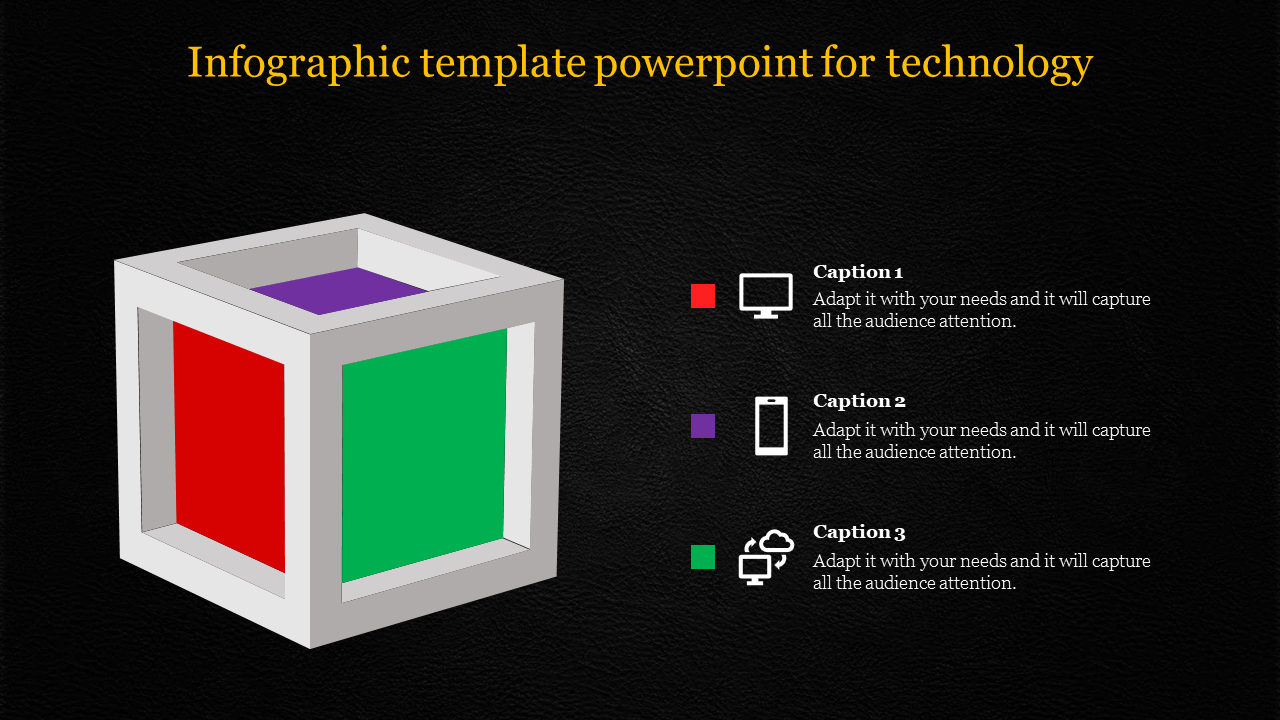 Infographic slide with a 3D cube design, highlighting sections connected to captions with technology icons.