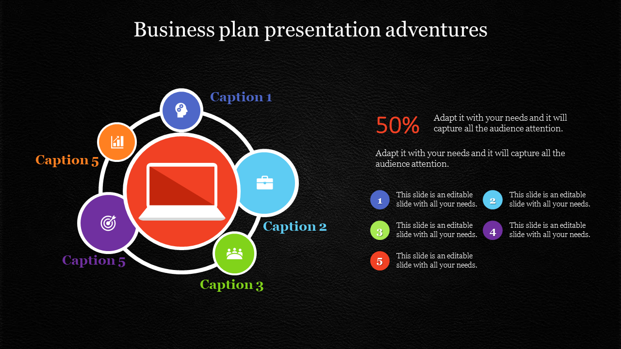 Business slide with a red laptop icon in the middle, five linked circular icons, and a bold 50% metric with supporting text.