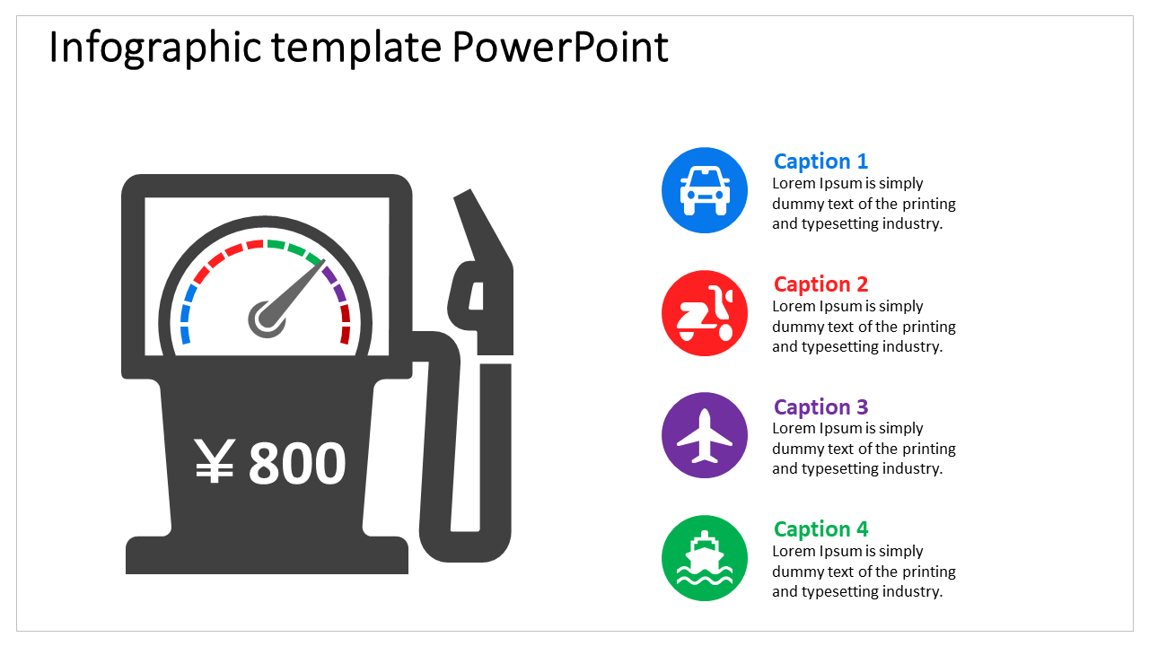 Infographic PowerPoint template featuring a fuel pump with colorful icons with captions.