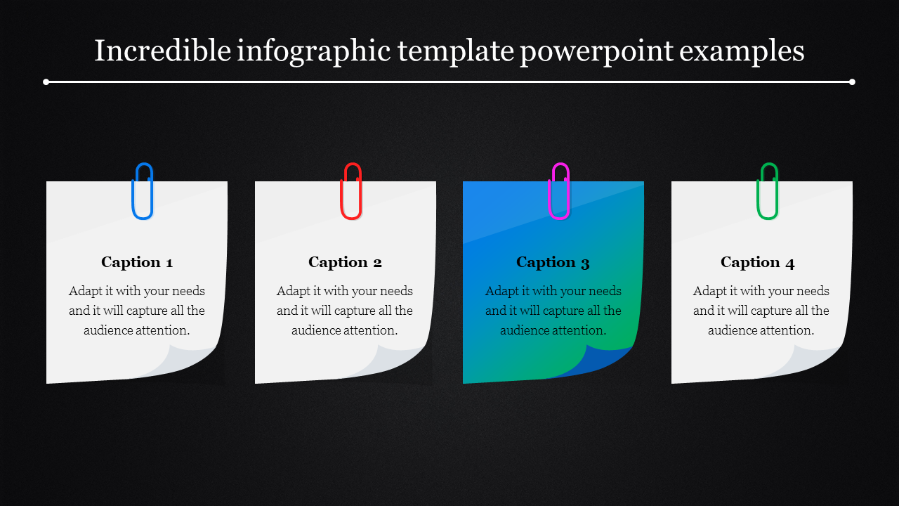 PowerPoint infographic slide with four sticky note designs labeled Caption 1 to 4, clipped with colorful paperclips.
