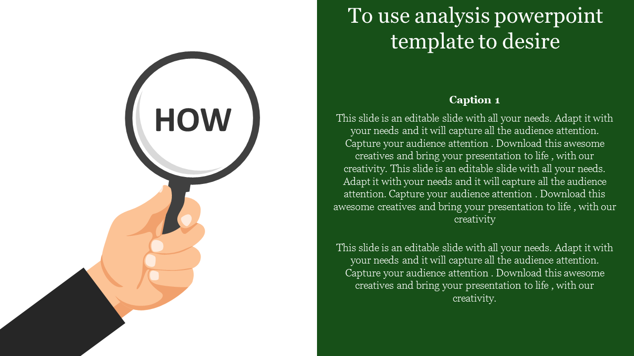 Hand holding a magnifying glass with text, next to a green caption area for analysis content.