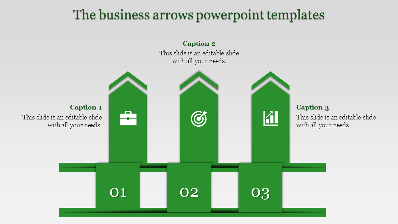 Three vertical green arrows with icons and captions, numbered 01 to 03, on a gray background.