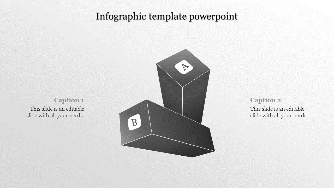 Infographic PowerPoint slide with two gray 3D blocks labeled A and B, with captions on each side.