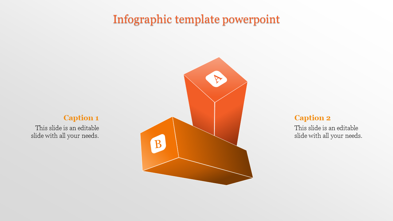 Infographic PowerPoint slide with two orange 3D blocks labeled A and B, each with captions.
