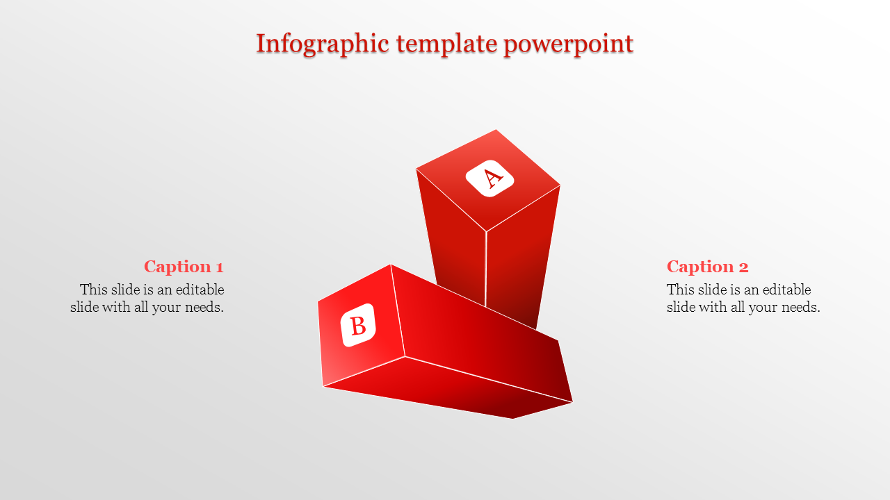 Two red 3D blocks labeled A and B, positioned diagonally with captions on both sides on a gradient background.