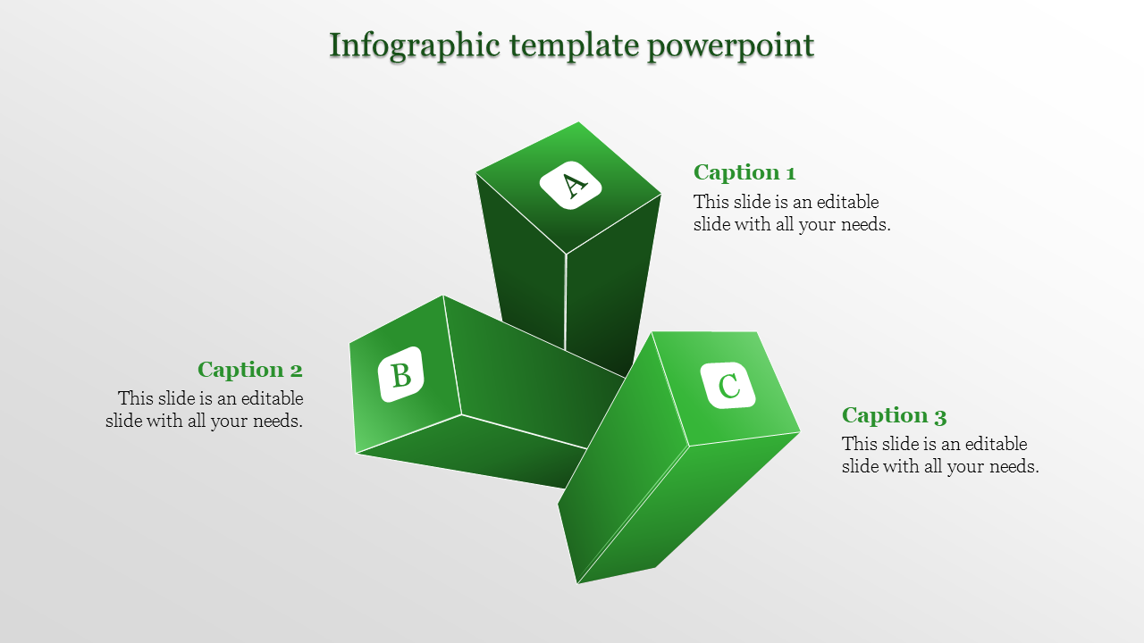 Infographic PowerPoint slide with three green 3D blocks labeled A, B, and C, each with captions.