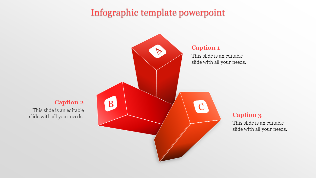 Infographic PowerPoint slide with three red 3D blocks labeled A, B, and C, each with captions.