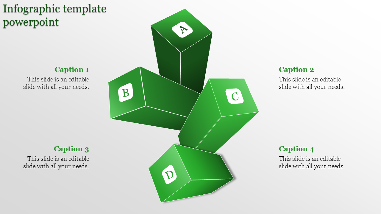 Infographic PowerPoint template with green 3D blocks labeled A, B, C, and D, arranged in a dynamic layout with captions.