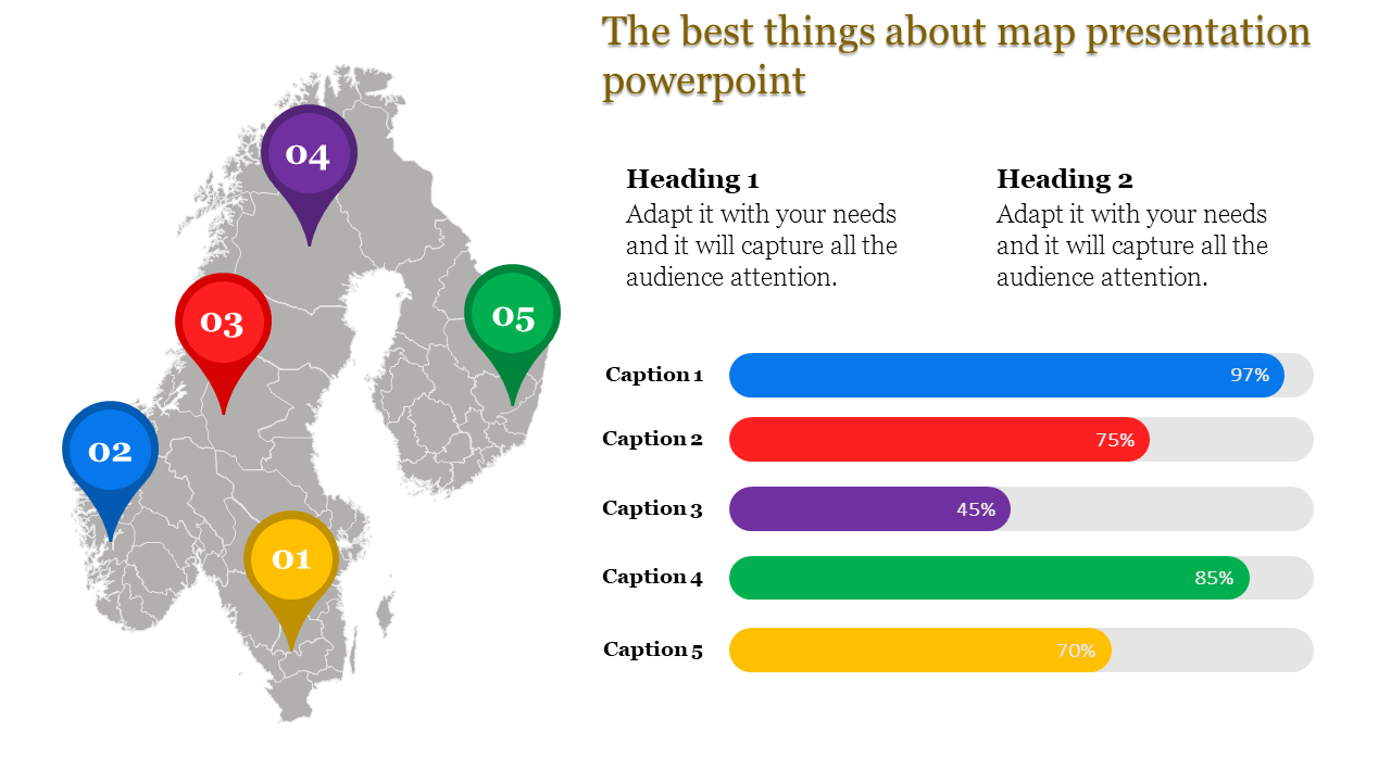 Slide featuring a gray map with colorful numbered location pins, percentage progress bars, and text headings.