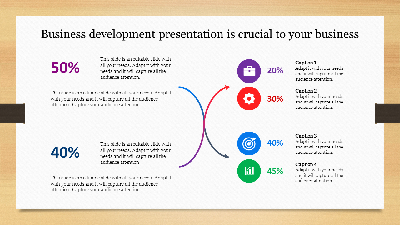 Slide with two bold percentage stats, featuring icons in purple, red, blue, green, and connected by arrows.