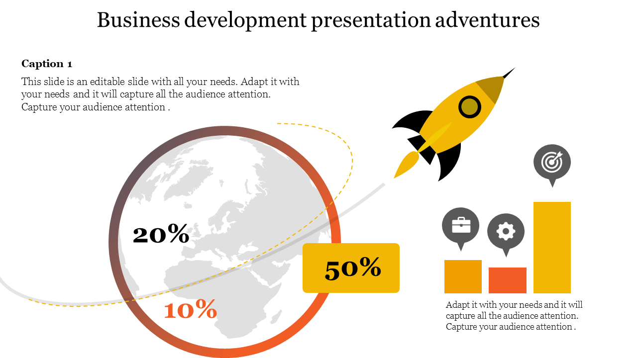 Slide with a globe illustration, featuring a yellow rocket, three percentage labels, and bar chart icons on the right.