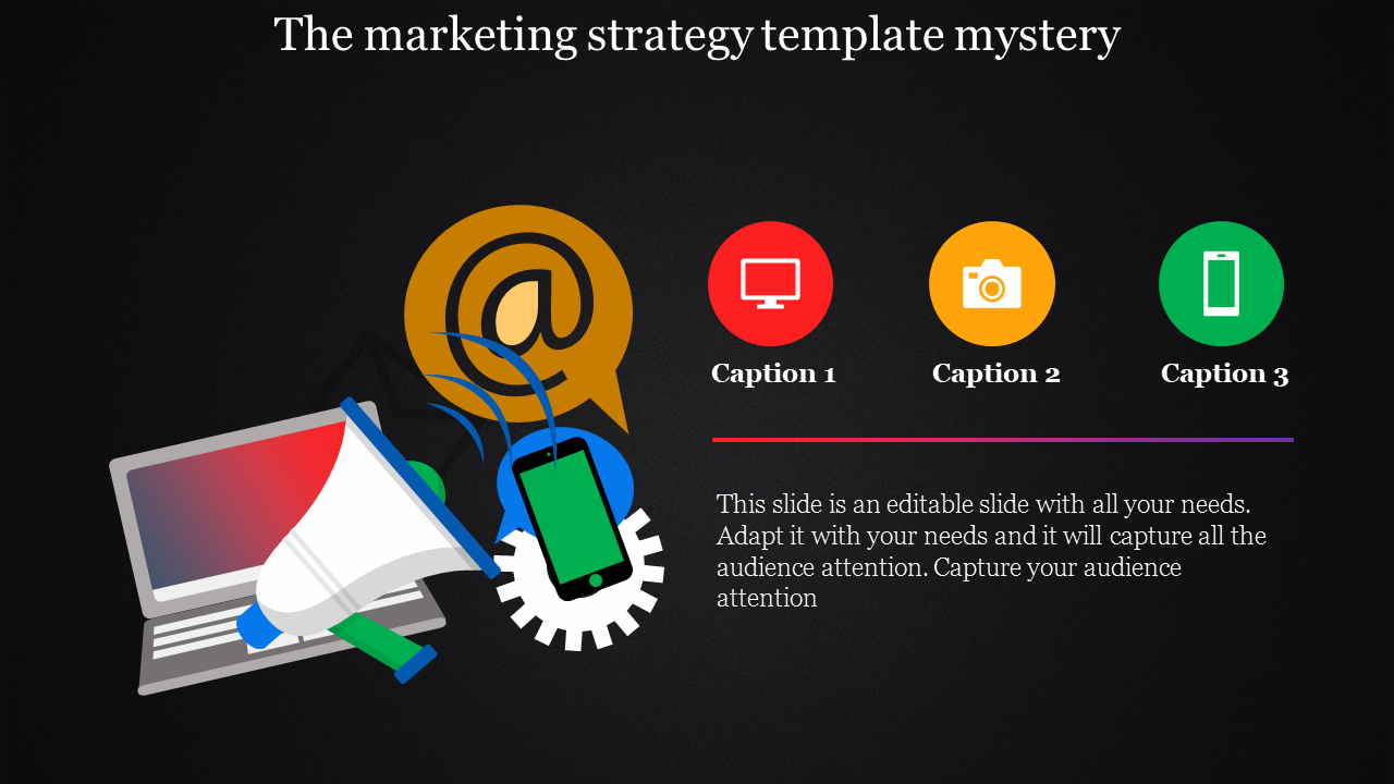 Slide with digital marketing symbols like email, mobile, and camera, paired with three captions on a dark background.