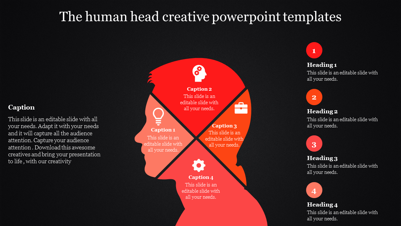 Creative slide featuring a red human head silhouette divided into four quadrants with icons and captions on a black backdrop.
