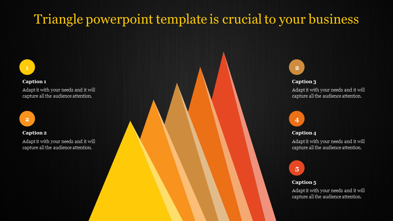 Five ascending colorful triangles with captions and placeholder text on a dark backdrop.