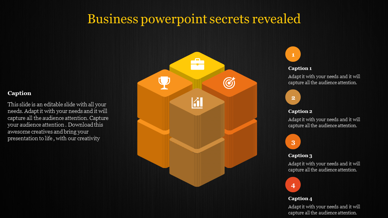 3D cube layout in orange and yellow tones with business related icons and four numbered captions on a black background.
