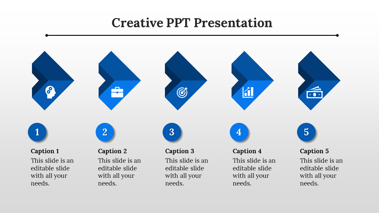 Creative slide with five blue arrow shaped icons representing different concepts, each with a numbered caption below.