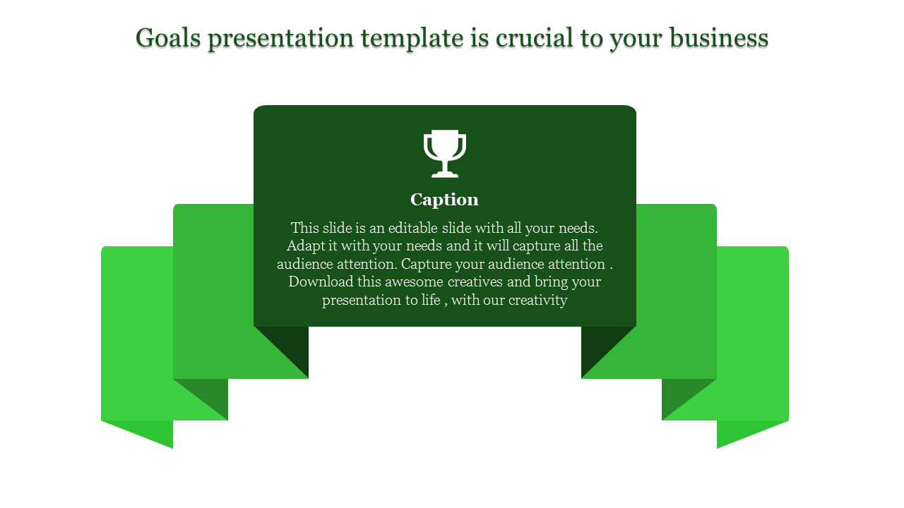 Template showcasing a dark green central caption box with a trophy icon, layered over bright green ribbon graphics.