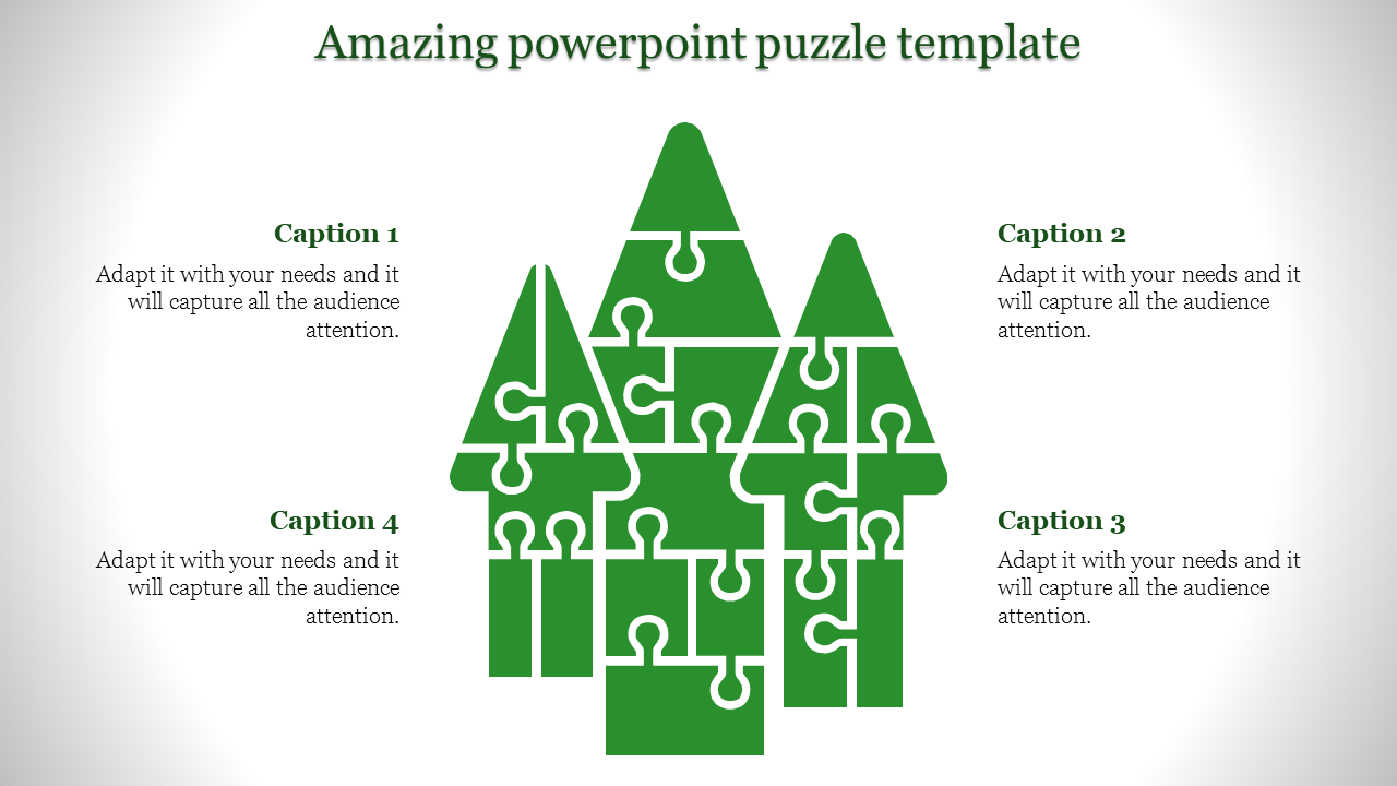 Puzzle pieces forming a green arrow structure in a PowerPoint puzzle template with captions.