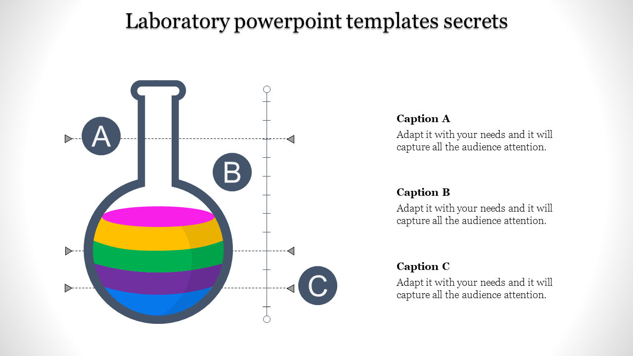 Laboratory themed slide with a flask illustration featuring colorful liquid layers and labeled sections A, B, and C.