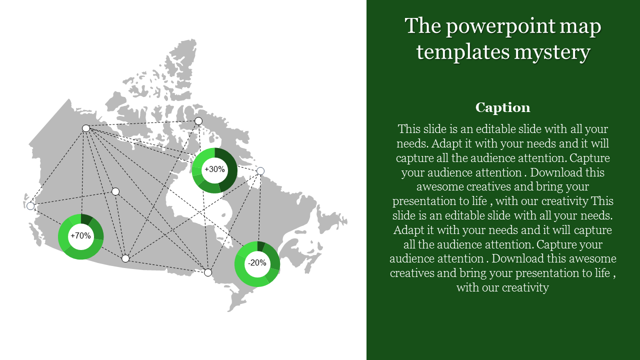 Canada map with interconnected dotted lines and three green pie charts indicating data percentages.