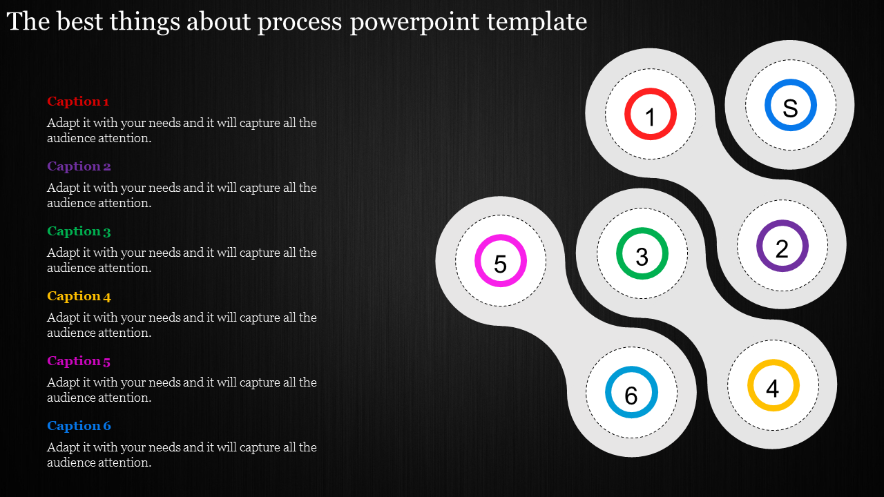 PowerPoint template featuring a six step process flow, with each step marked by a colored circle on a dark backdrop.