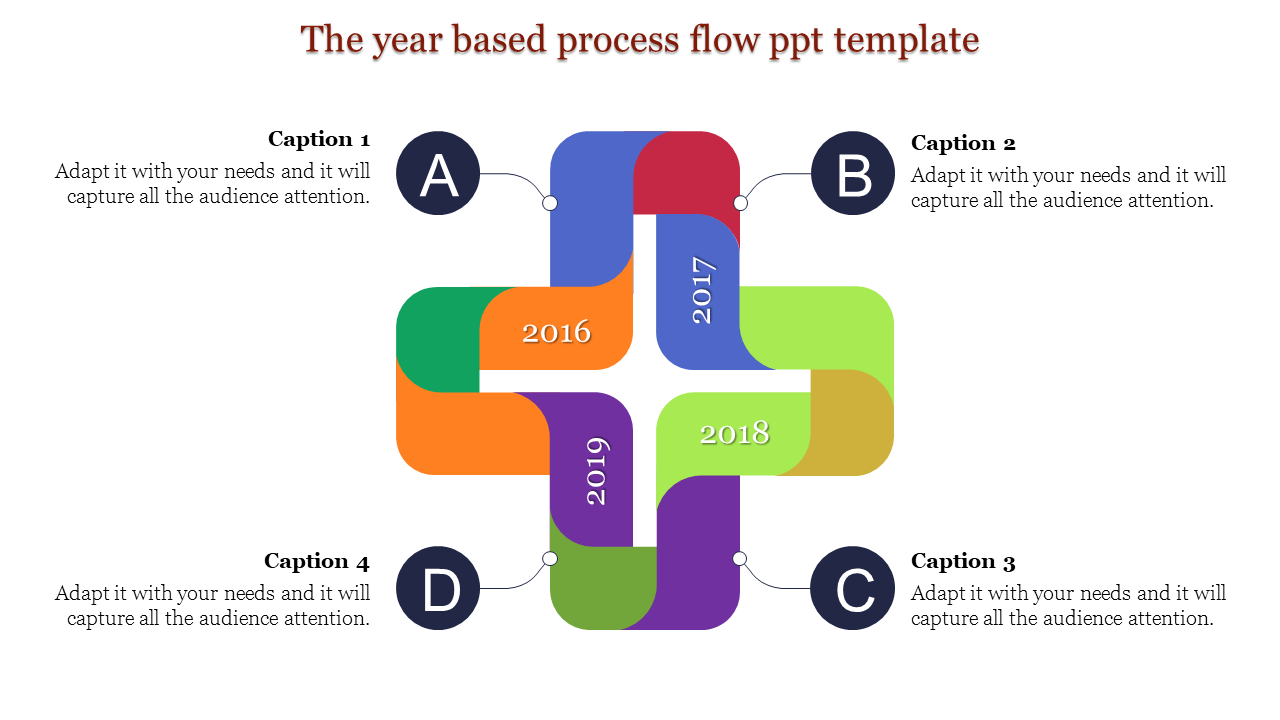 Colorful year based template with interlocking cross shaped layout, for 2016 to 2019 and labeled captions A to D.