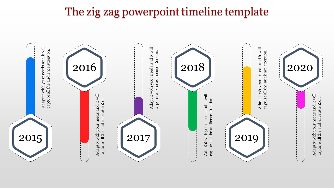 PowerPoint timeline template with a zig zag design featuring years from 2015 to 2020, each in a hexagonal shape.