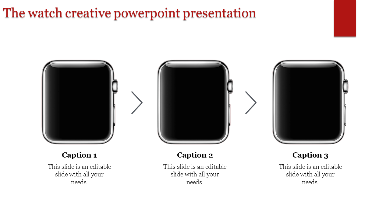Slide showcasing three sleek black smartwatches in a horizontal sequence with captions underneath.