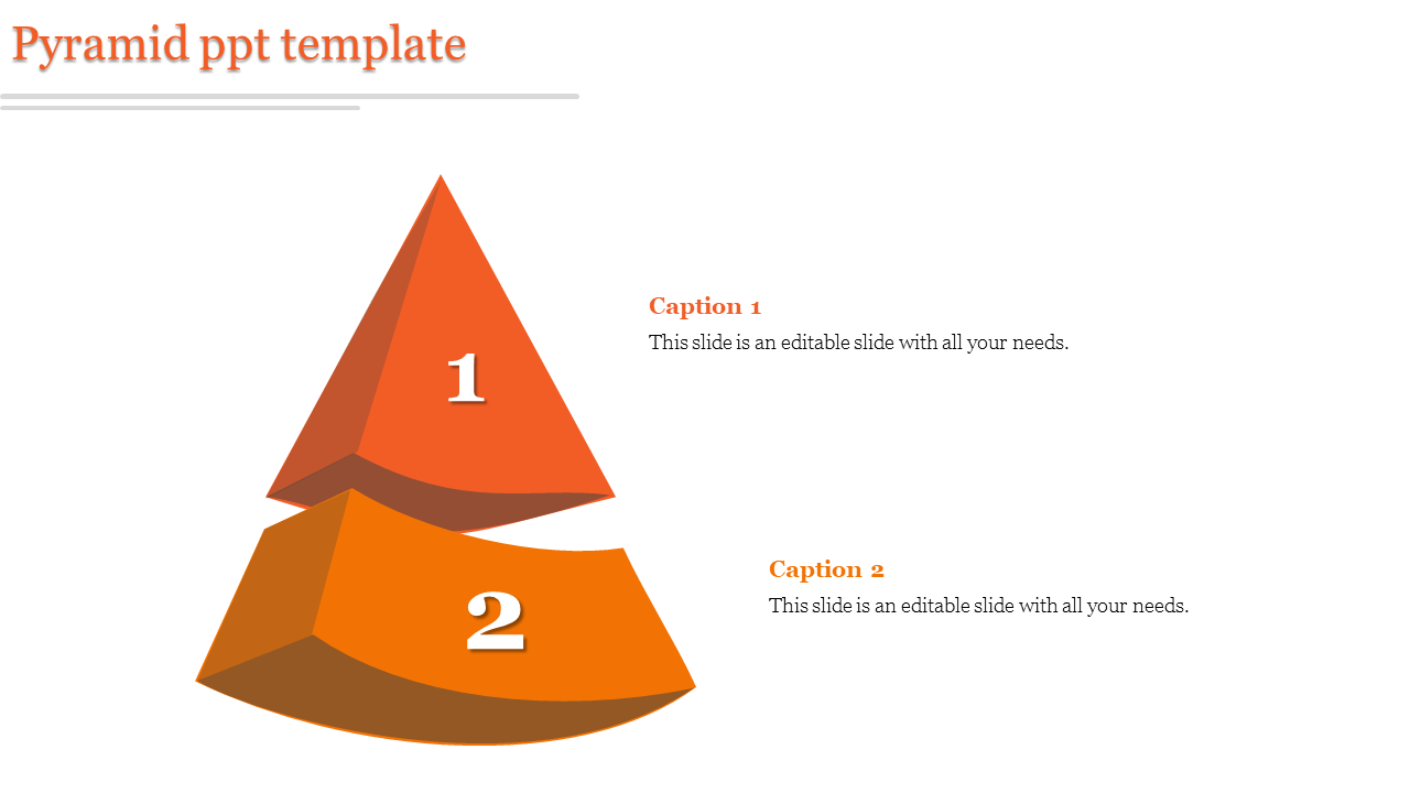 Pyramid diagram with two orange layers, labeled numerically as 1 and 2, paired with editable captions on the side.