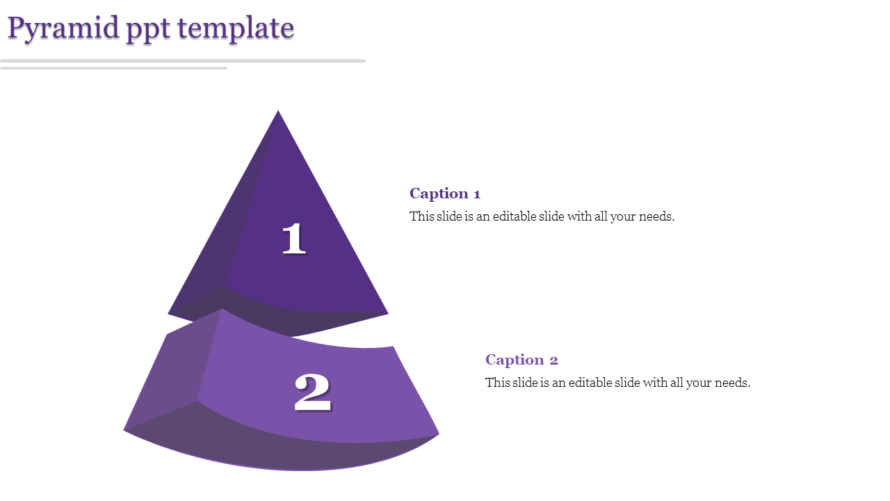Purple two level pyramid PowerPoint template with sections labeled 1 and 2, each paired with captions.