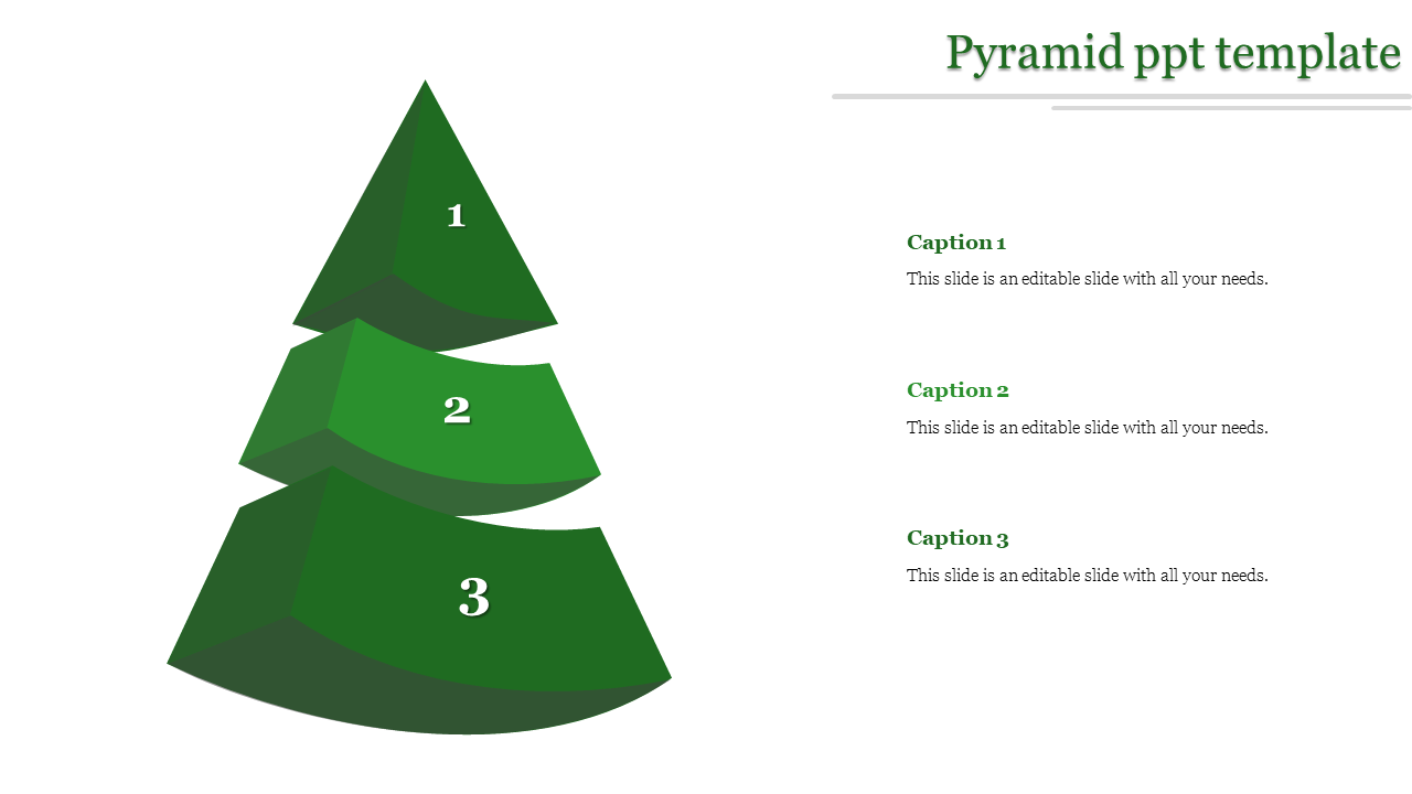 Three level green pyramid PowerPoint template with sections labeled 1, 2, and 3, each paired with captions.