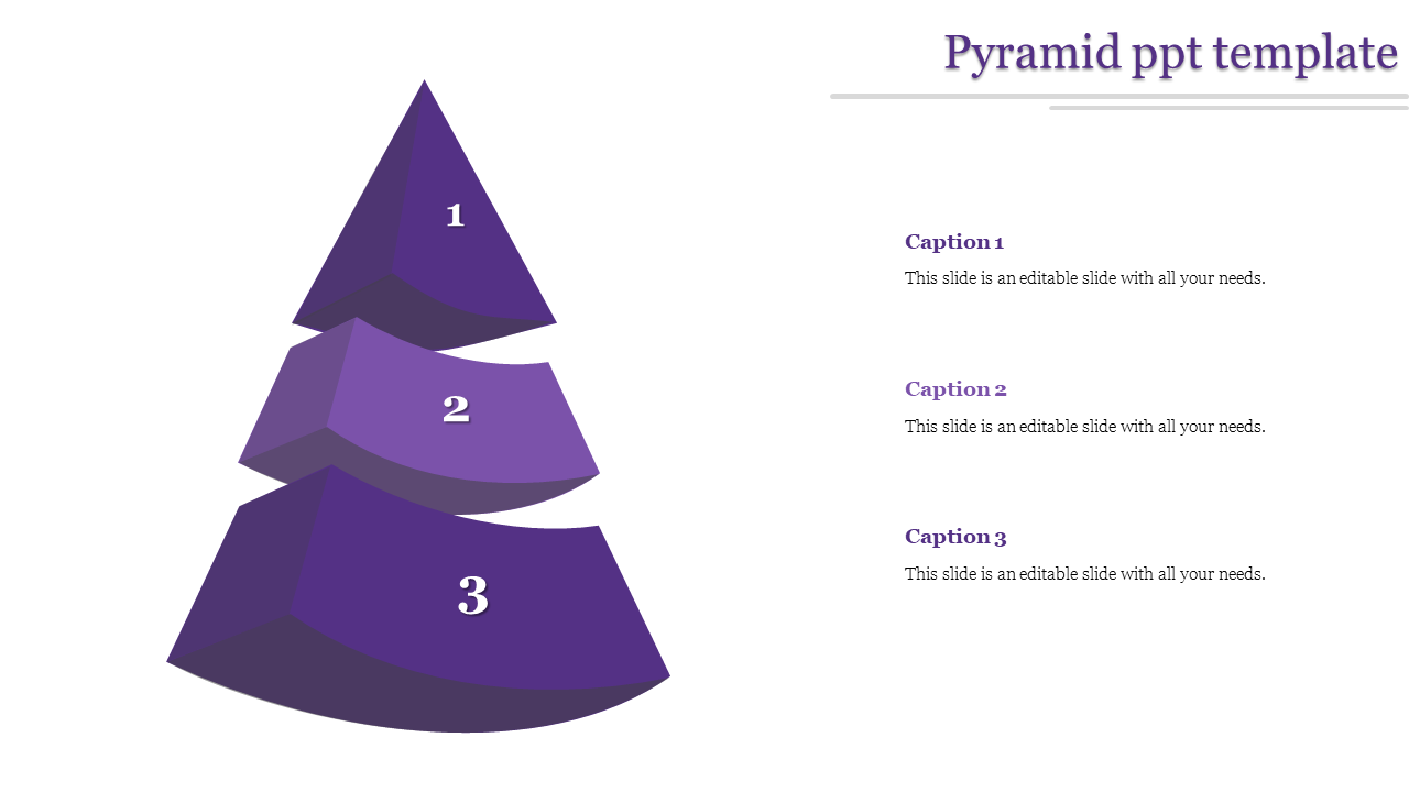 Three level purple pyramid PowerPoint template with sections labeled 1, 2, and 3, each paired with captions.