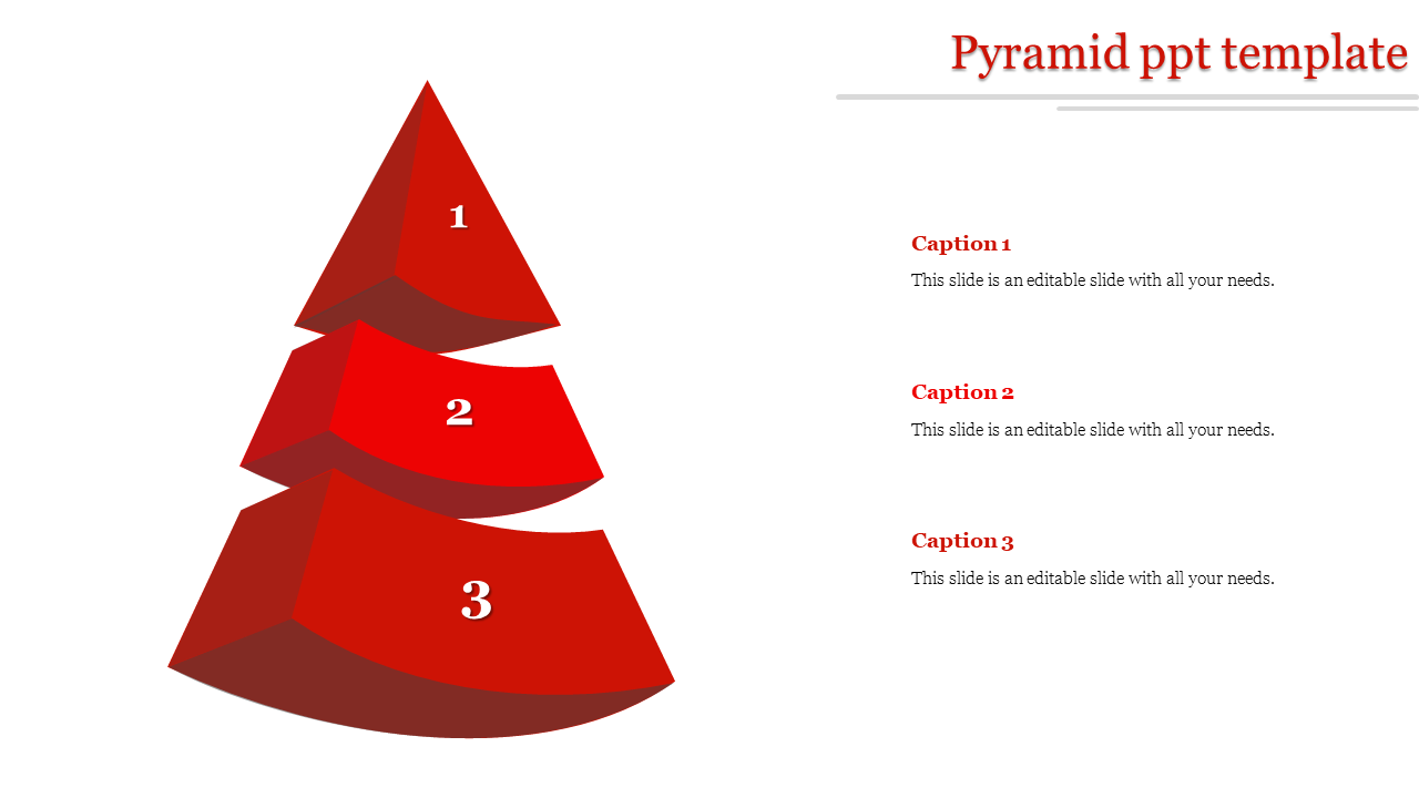 Three tier red pyramid design with numbers on each layer and aligned captions on the right in a clean layout.