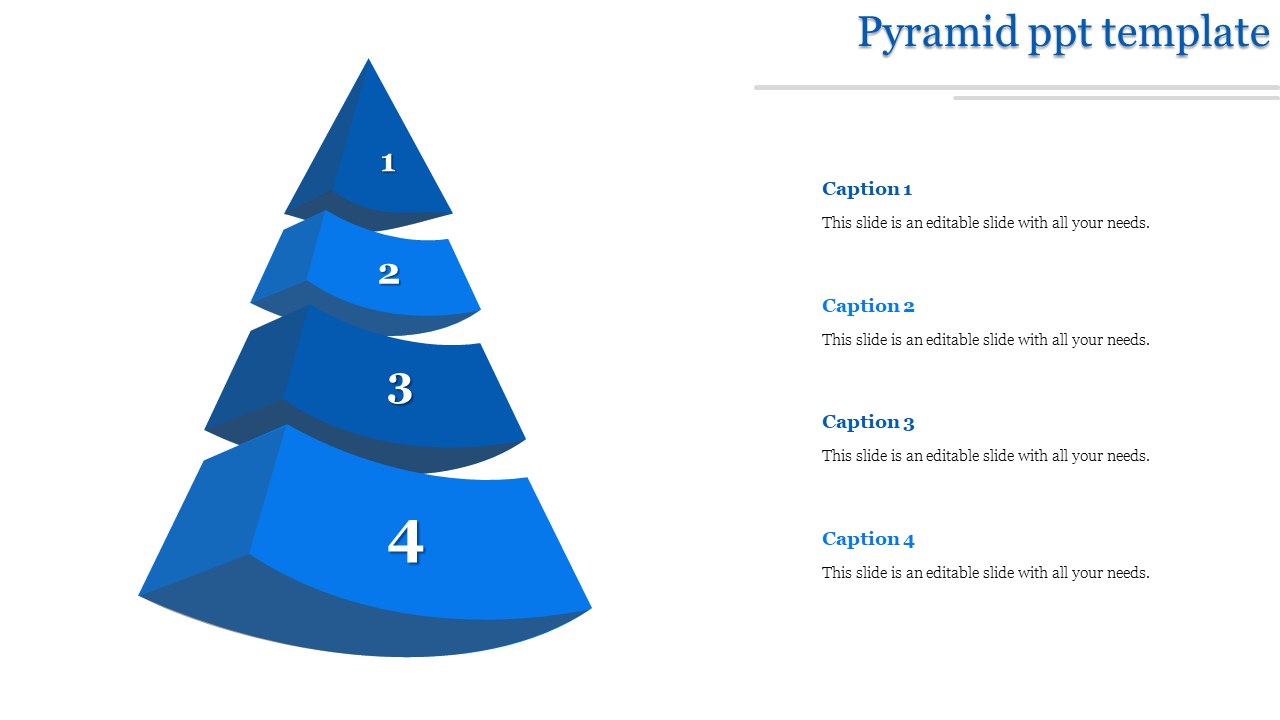 Four level blue pyramid PowerPoint template with sections labeled 1, 2, 3, and 4, each paired with captions.