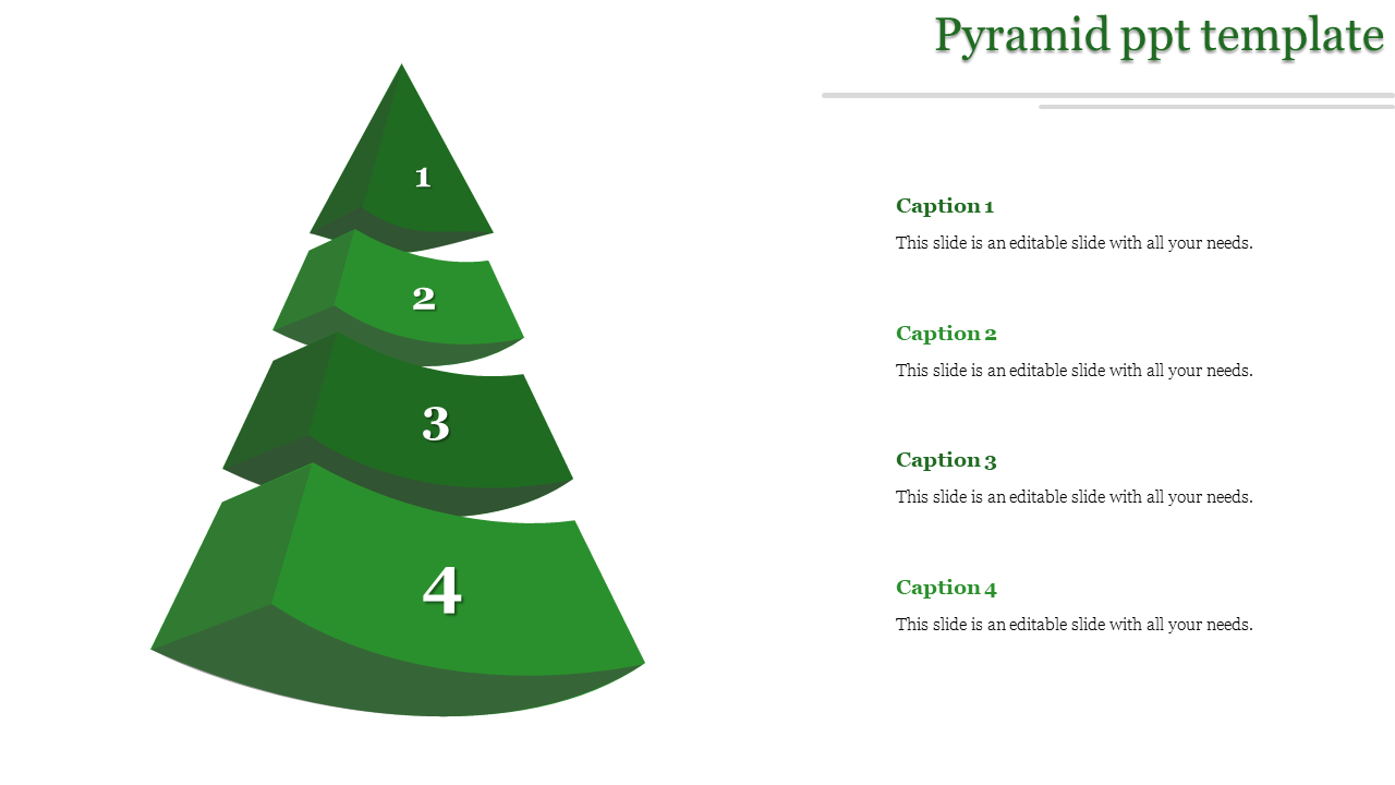Four tier green pyramid design with numbers on each layer and aligned captions on the right in a clean layout.