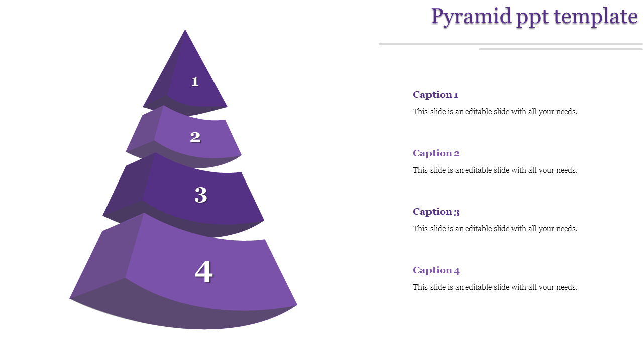 Four-layer 3D pyramid diagram in purple with numbered sections from 1 to 4, paired with corresponding captions on the right.
