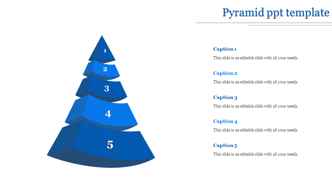 Blue pyramid PowerPoint template with five numbered layers and corresponding captions on the right.