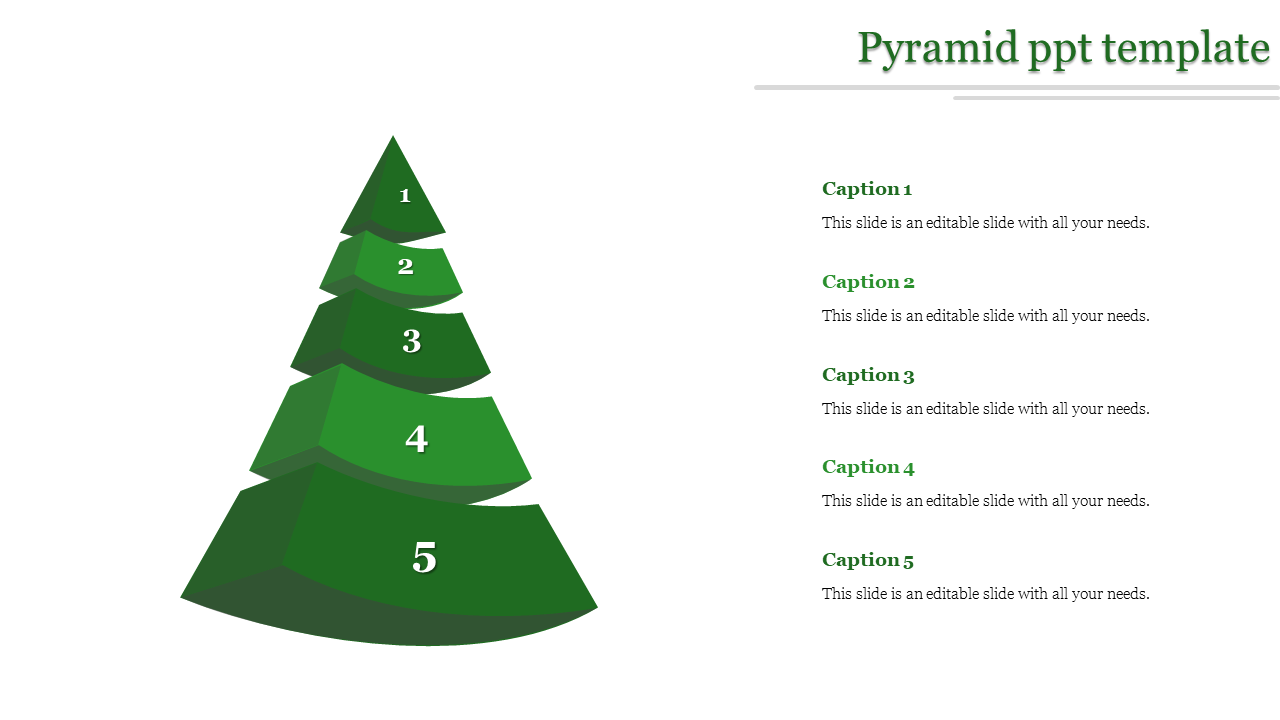 Green pyramid PowerPoint template with five numbered layers and corresponding captions on the right.