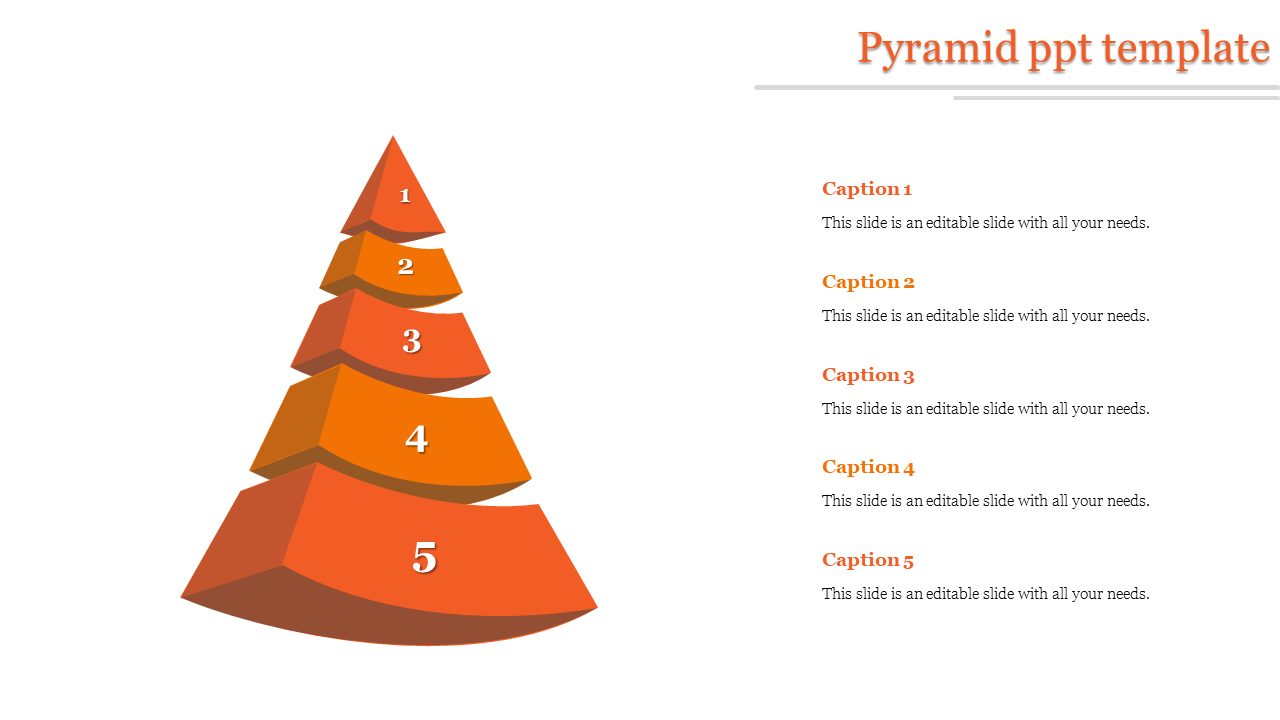 Five-segment orange pyramid with a 3D effect, numbered from top to bottom, with captions areas aligned on the side.