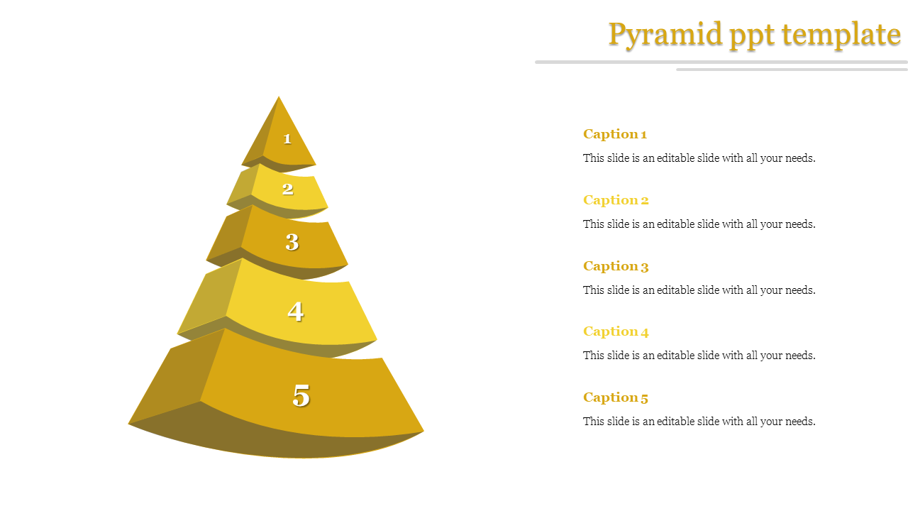 Yellow pyramid PowerPoint template with five layers labeled 1 to 5, accompanied by captions on the right.