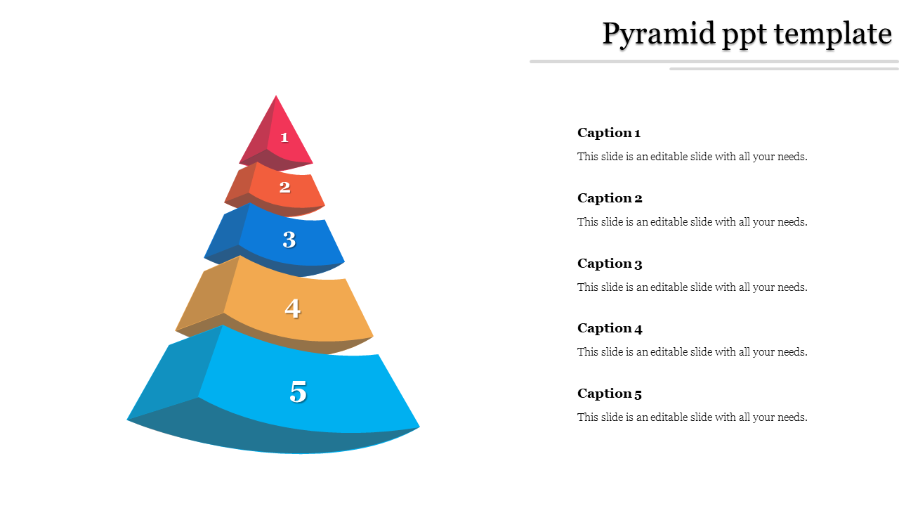 Stacked pyramid layout with vibrant red, orange, blue, yellow, and light blue sections and right aligned descriptions.