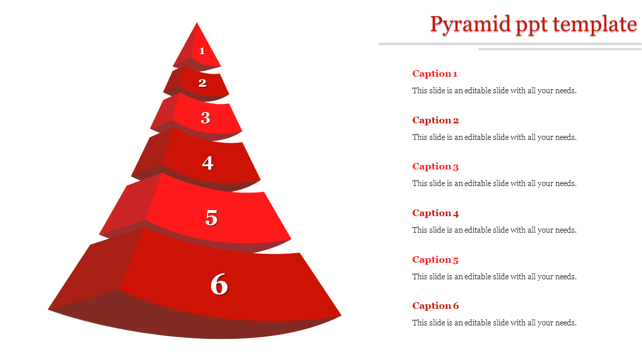 Red 3D pyramid diagram with six labeled segments and matching captions aligned on the right for detailed explanations.