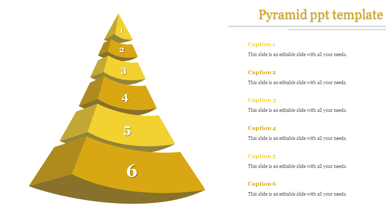 Golden 3D pyramid diagram with six levels, each numbered, paired with captions for a PPT template.