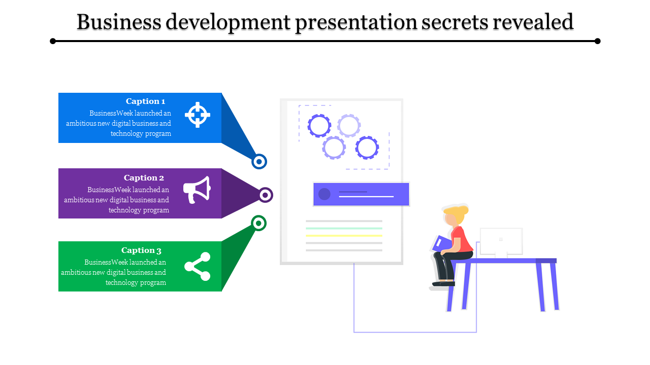 Business development presentation slide with three captions and icons featuring a figure.