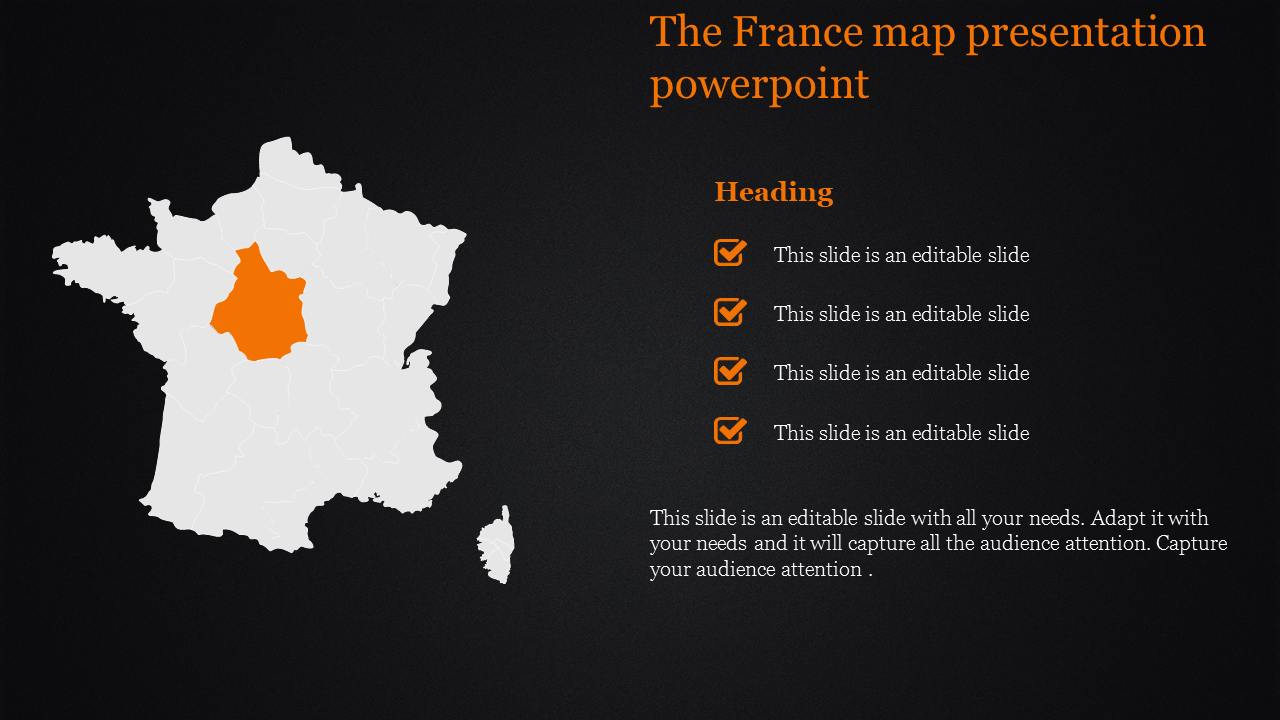 France map in white with one region highlighted in orange, alongside a checklist and heading on a black background.