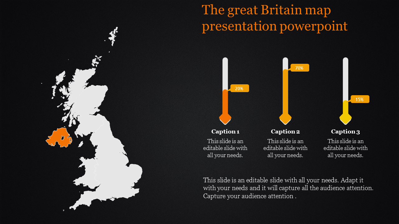 Great Britain map slide with highlighted Northern Ireland and percentage indicators for progress with captions.