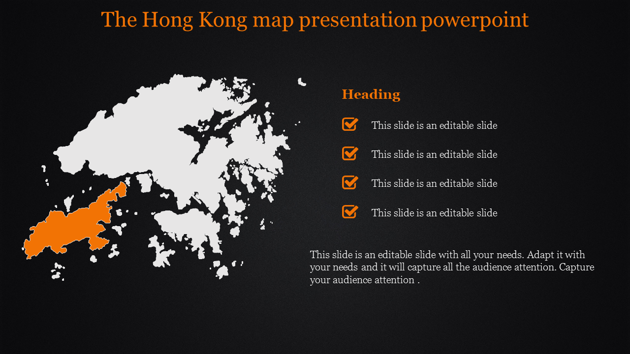 A PowerPoint slide featuring the map of Hong Kong with checkboxes and content on a black theme.