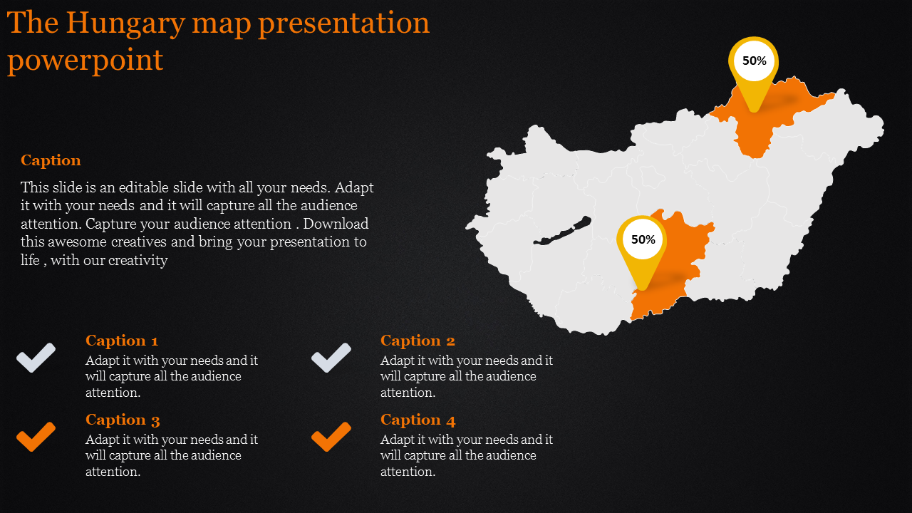 Hungary map with two regions highlighted at 50 percent each, accompanied by captions and percentage indicators.