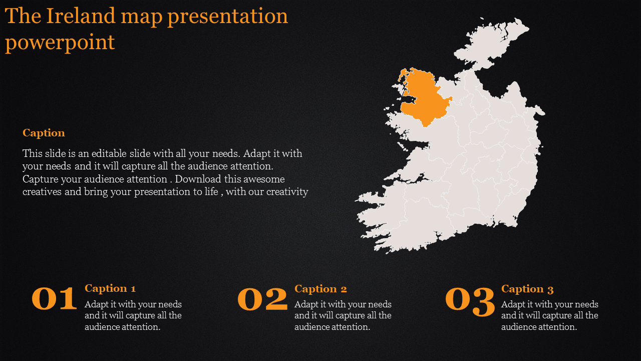 Map of Ireland in white with an orange highlighted region and three numbered captions, on a dark background.